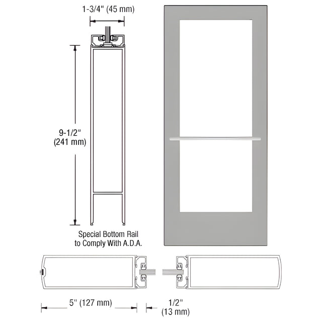 CRL-U.S. Aluminum Clear Anodized 550 Series Wide Stile Inactive Leaf of Pair 3'0 x 7'0 Center Hung for OHCC w/Standard Push Bars Complete ADA Door(s) with Lock Indicator, Cyl Guard