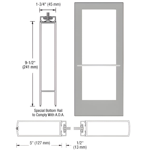 CRL-U.S. Aluminum Clear Anodized 550 Series Wide Stile Inactive Leaf of Pair 3'0 x 7'0 Center Hung for OHCC w/Standard Push Bars Complete Door Std. Lock and 9-1/2" Bottom Rail