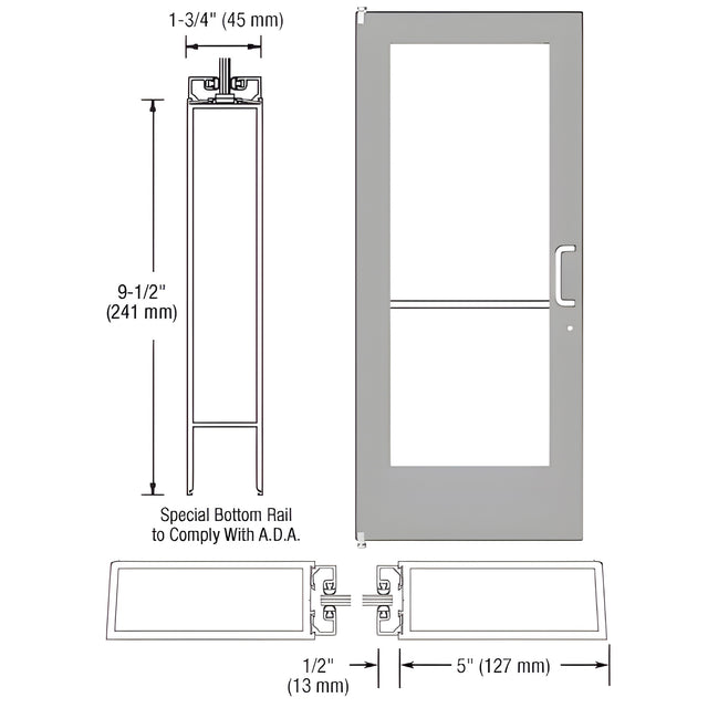 CRL-U.S. Aluminum Clear Anodized 550 Series Wide Stile (LHR) HLSO Single 3'0 x 7'0 Offset Hung with Pivots for Surf Mount Closer Complete Door Std. Lock and 9-1/2" Bottom Rail