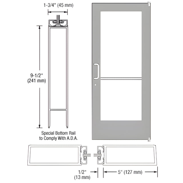 CRL-U.S. Aluminum Clear Anodized 550 Series Wide Stile (RHR) HRSO Single 3'0 x 7'0 Offset Hung with Pivots for Surf Mount Closer Complete Door Std. Lock and 9-1/2" Bottom Rail