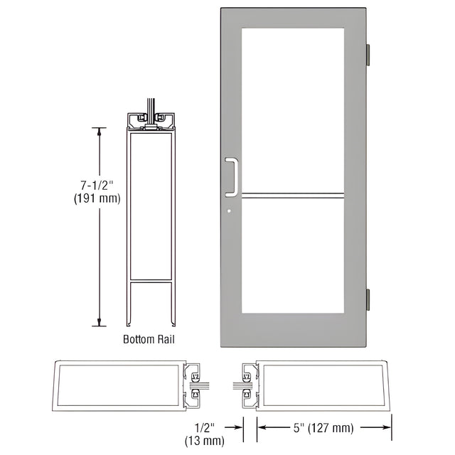CRL-U.S. Aluminum Clear Anodized 550 Series Wide Stile (RHR) HRSO Single 3'0 x 7'0 Offset Hung with Butt Hinges for Surf Mount Closer Complete Door/Std. MS Lock, 7-1/2" Std. Bottom Rail