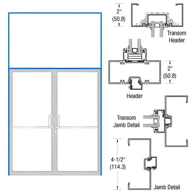CRL-U.S. Aluminum Clear Anodized Class 1 2" x 4-1/2" Open Back Transom Frame for Pair Doors Prepped for Pair Butt Hinges Using Flush Bolts and Surface Mount Closers