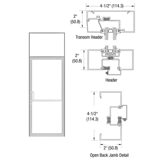CRL-U.S. Aluminum Clear Anodized Class 1 2" x 4-1/2" Thermally Improved Transom Frame for Single Door for Offset Hung Prepped for Butt Hinges and Surface Mount Door Closer