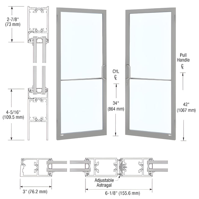 CRL-U.S. Aluminum Clear Anodized Class 1 Custom Pair Series 250T Narrow Stile Butt Hinge Thermal Entrance Doors for Surface Mount Door Closers