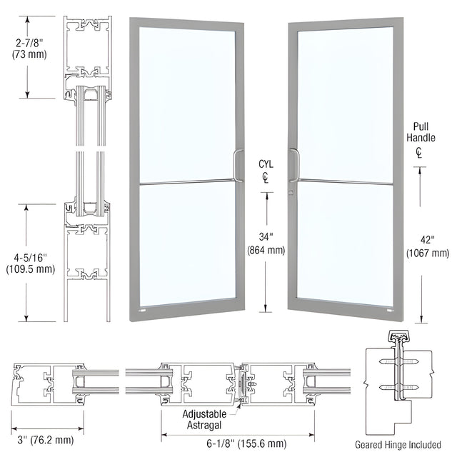 CRL-U.S. Aluminum Clear Anodized Class 1 Custom Pair Series 250T Narrow Stile Geared Hinge Thermal Entrance Doors for Surface Mount Door Closers