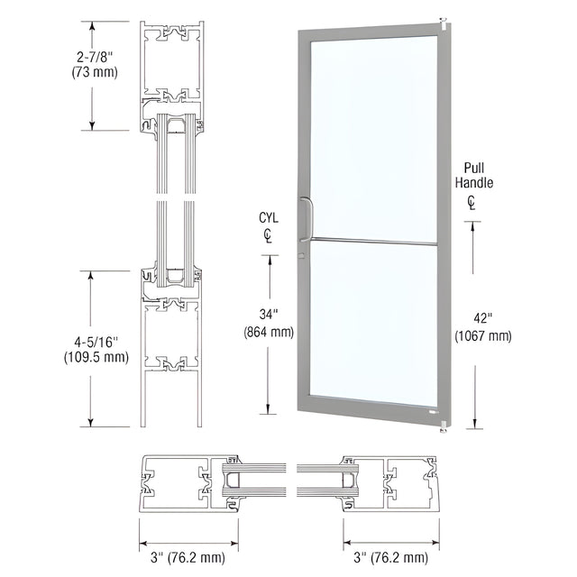 CRL-U.S. Aluminum Clear Anodized Class 1 Custom Single Series 250T Narrow Stile Offset Pivot Thermal Entrance Door for Surface Mount Door Closer