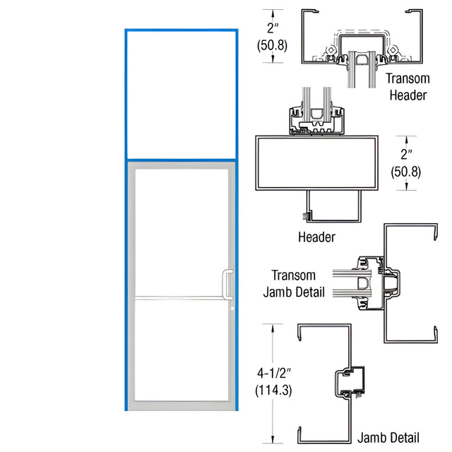 CRL-U.S. Aluminum Clear Anodized Class 1 Open Back Transom Frame for Single Door Prepped Offset Overhead Closer