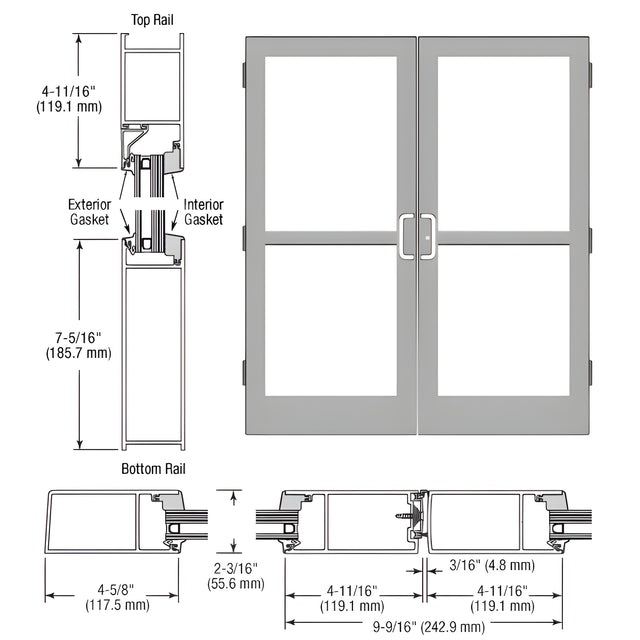 CRL-U.S. Aluminum Clear Anodized Class 1 StormFront™ Series Custom Pair Butt Hinge Entrance Doors for Panics and Surface Mount Door Closers