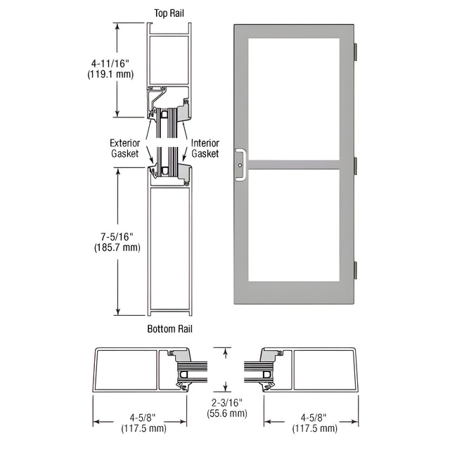 CRL-U.S. Aluminum Clear Anodized Class 1 StormFront™ Series Custom Single Butt Hinge Entrance Door For Panic and Surface Mount Door Closer