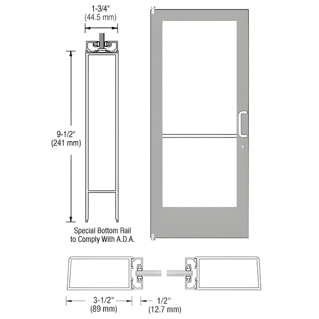 CRL-U.S. Aluminum Clear Anodized Complete ADA Door With Lock, and Cylinder Medium Stile 3'0 x 7'0 (LHR) HLSO Offset Hung With Pivots Single - for 1" Glass