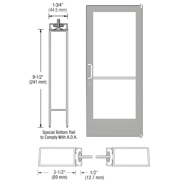CRL-U.S. Aluminum Clear Anodized Complete ADA Door With Lock, and Cylinder Medium Stile 3'0 x 7'0 (RHR) HRSO Offset Hung with Pivots Single - for 1/4" Glass