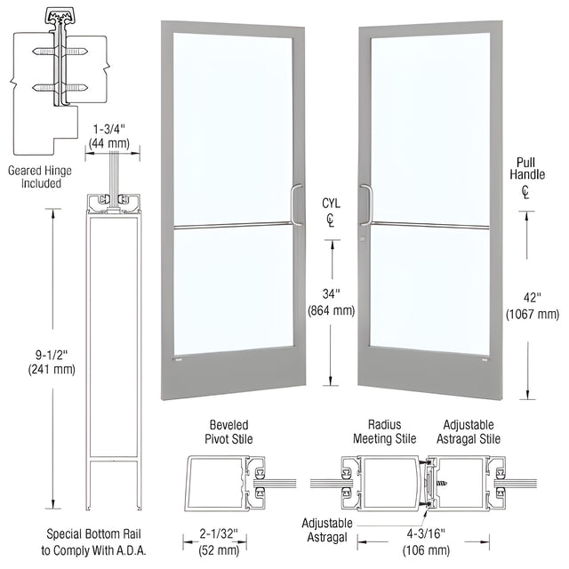CRL-U.S. Aluminum Clear Anodized Custom Pair 72" x 84" Series 250 Narrow Stile Gear Hinge Entrance Door