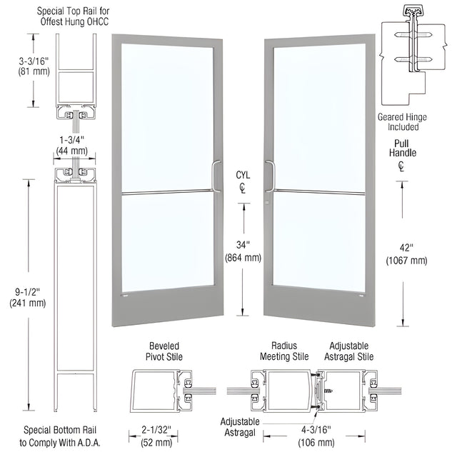 CRL-U.S. Aluminum Clear Anodized Custom Pair 72" x 84" Series 250 Narrow Stile Gear Hinge Entrance Door