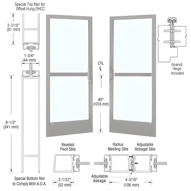 CRL-U.S. Aluminum Clear Anodized Custom Pair 72" x 84" Series 250 Narrow Stile Gear Hinge Entrance Door for OHCC