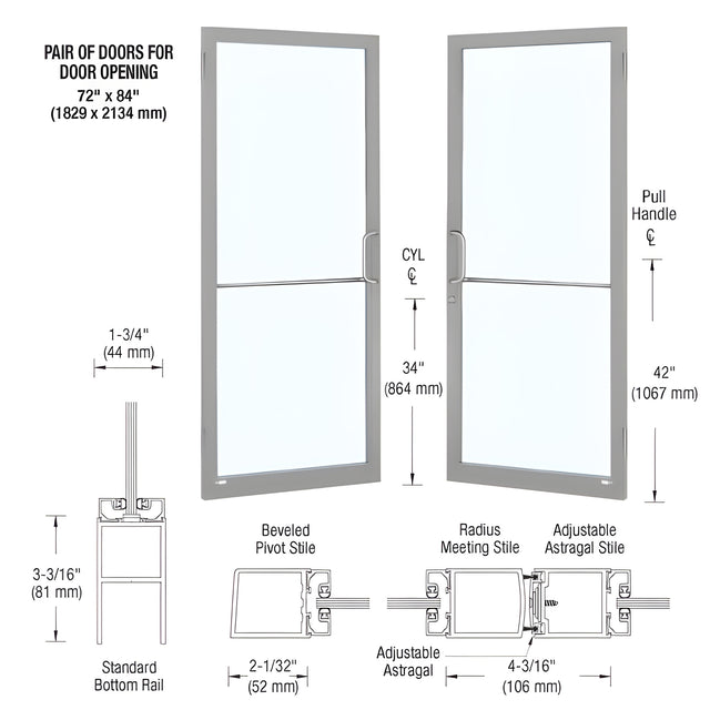 CRL-U.S. Aluminum Clear Anodized Custom Pair 72" x 84" Series 250 Narrow Stile Butt Hinge Entrance Door