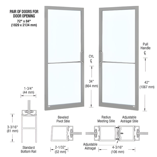 CRL-U.S. Aluminum Clear Anodized Custom Pair 72" x 84" Series 250 Narrow Stile Gear Hinge Entrance Door