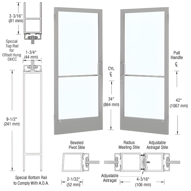 CRL-U.S. Aluminum Clear Anodized Custom Pair 72" x 84" Series 250 Narrow Stile Butt Hinge Entrance Door for OHCC