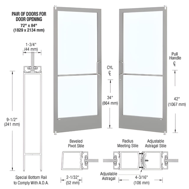 CRL-U.S. Aluminum Clear Anodized Custom Pair Series 250 Narrow Stile Offset Pivot Entrance Doors for Surface Mount Door Closers