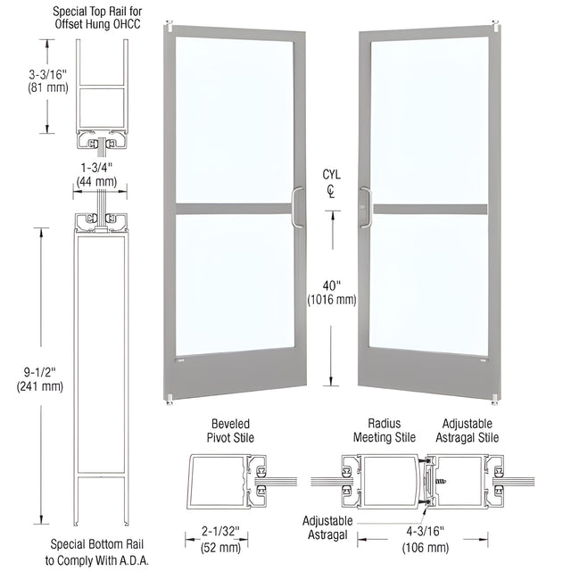 CRL-U.S. Aluminum Clear Anodized Custom Pair Series 250 Narrow Stile Offset Pivot Entrance Doors With Panics for Overhead Concealed Door Closers