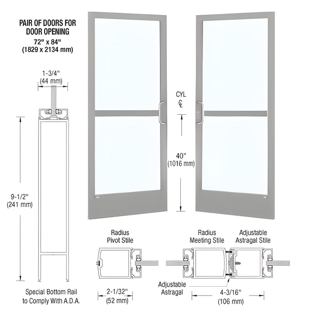 CRL-U.S. Aluminum Clear Anodized Custom Pair Series 250 Narrow Stile Center Pivot Entrance Doors With Panics for Overhead Concealed Door Closers