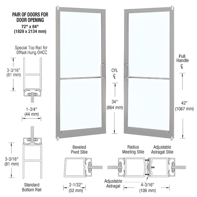CRL-U.S. Aluminum Clear Anodized Custom Pair Series 250 Narrow Stile Offset Pivot Entrance Doors for Overhead Concealed Door Closers