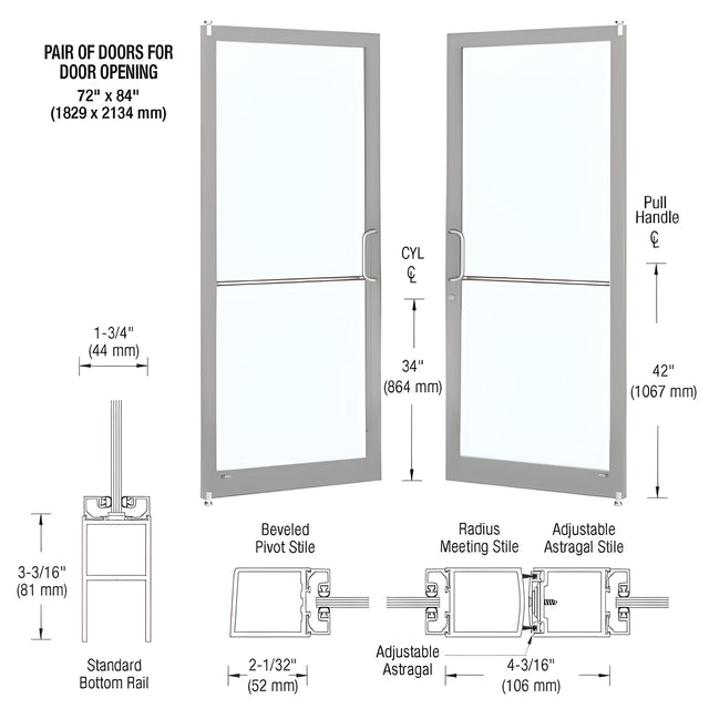 CRL-U.S. Aluminum Clear Anodized Custom Pair Series 250 Narrow Stile Offset Pivot Entrance Doors for Surface Mount Door Closers