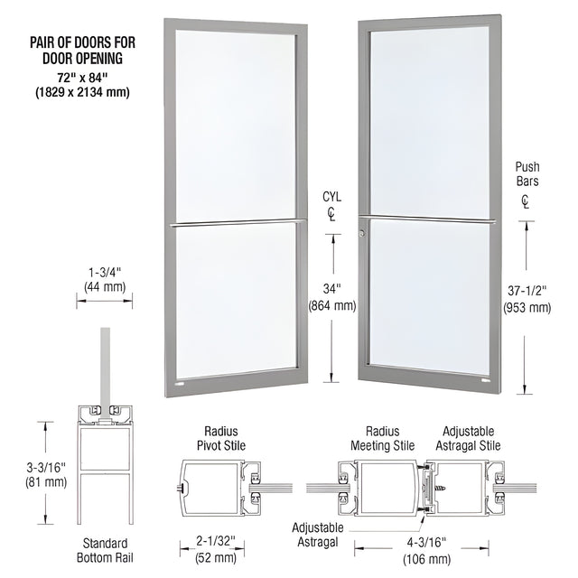 CRL-U.S. Aluminum Clear Anodized Custom Pair Series 250 Narrow Stile Center Pivot Entrance Doors for Overhead Concealed Door Closers
