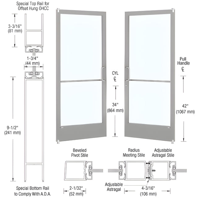 CRL-U.S. Aluminum Clear Anodized Custom Pair Series 250 Narrow Stile Offset Pivot Entrance Door for Overhead Concealed Door Closers