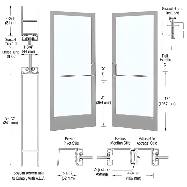 CRL-U.S. Aluminum Clear Anodized Custom Pair Series 250 Narrow Stile Geared Hinged Entrance Doors for Overhead Concealed Door Closers