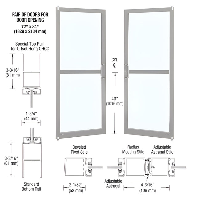 CRL-U.S. Aluminum Clear Anodized Custom Pair Series 250 Narrow Stile Offset Pivot Entrance Doors for Panics for Overhead Concealed Door Closers