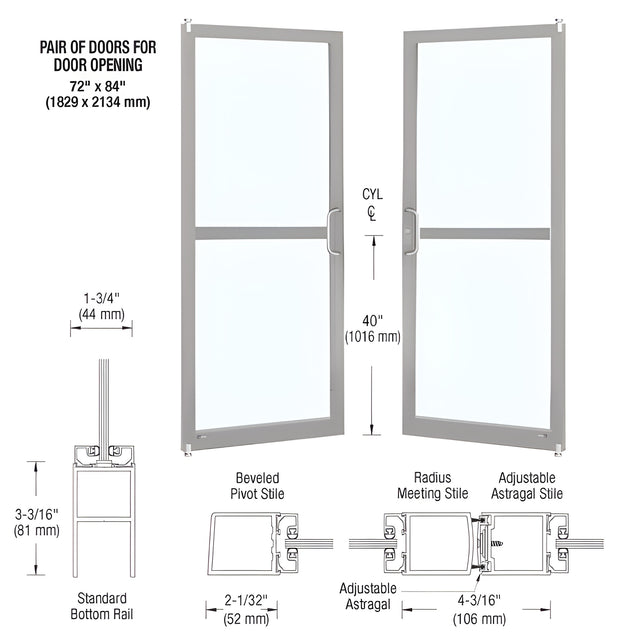 CRL-U.S. Aluminum Clear Anodized Custom Pair Series 250 Narrow Stile Offset Pivot Entrance Doors For Panics for Surface Mount Door Closers