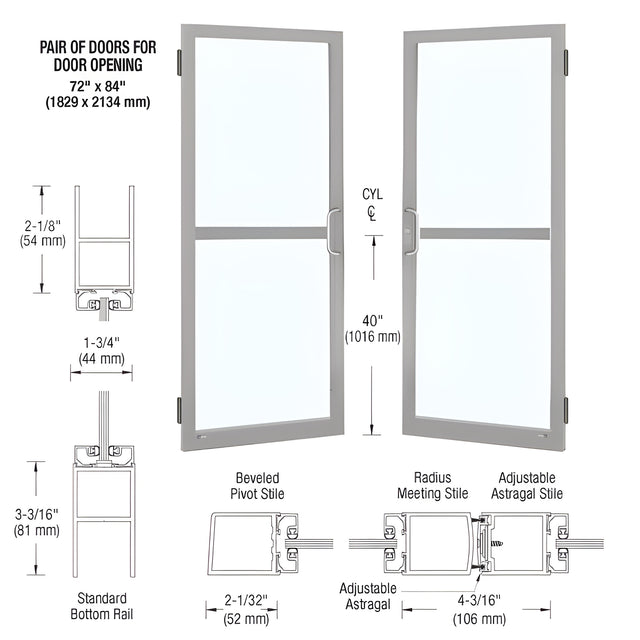 CRL-U.S. Aluminum Clear Anodized Custom Pair Series 250 Narrow Stile Butt Hinge Entrance Doors for Panics and Surface Mount Door Closers