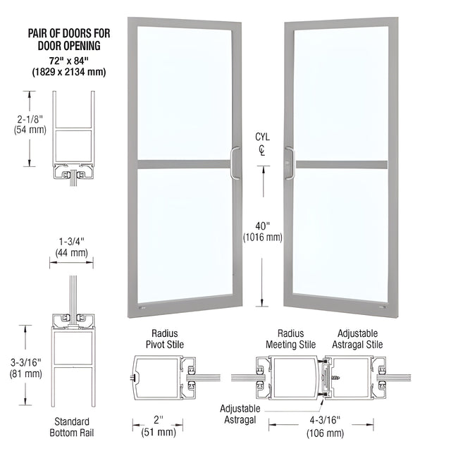 CRL-U.S. Aluminum Clear Anodized Custom Pair Series 250 Narrow Stile Center Pivot Entrance Doors for Panics and Overhead Concealed Door Closers