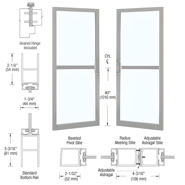 CRL-U.S. Aluminum Clear Anodized Custom Pair Series 250 Narrow Stile Geared Hinge Entrance Doors For Panics and Surface Mount Door Closers