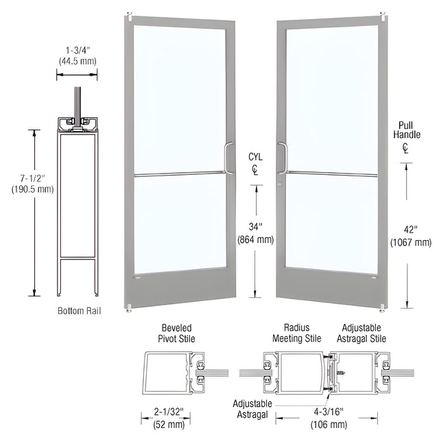 CRL-U.S. Aluminum Clear Anodized Custom Pair Series 250 Narrow Stile Offset Pivot Entrance Doors for Surface Mount Door Closers