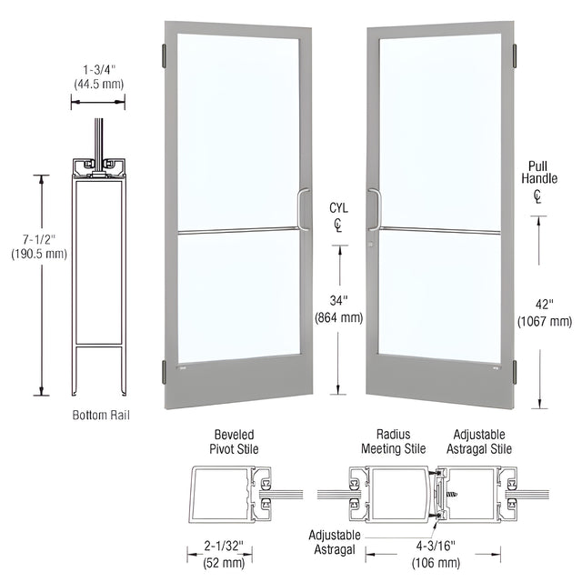 CRL-U.S. Aluminum Clear Anodized Custom Pair Series 250 Narrow Stile Butt Hinge Entrance Doors for Surface Mount Door Closers