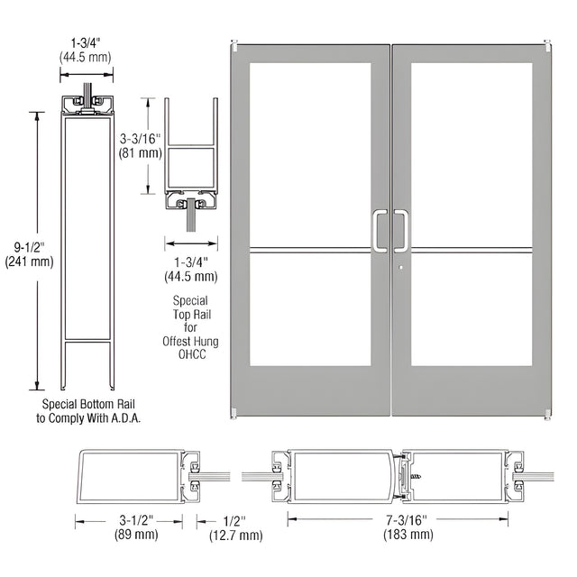 CRL-U.S. Aluminum Clear Anodized Custom Pair Series 400 Medium Stile Offset Pivot Entrance Doors for Overhead Concealed Door Closers