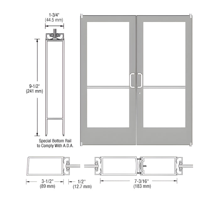 CRL-U.S. Aluminum Clear Anodized Custom Pair Series 400 Medium Stile Offset Pivot Entrance Doors for Surface Mount Door Closers