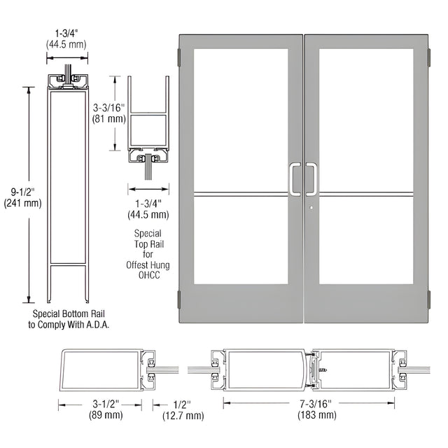 CRL-U.S. Aluminum Clear Anodized Custom Pair Series 400 Medium Stile Butt Hinged Entrance Door for Overhead Concealed Door Closers