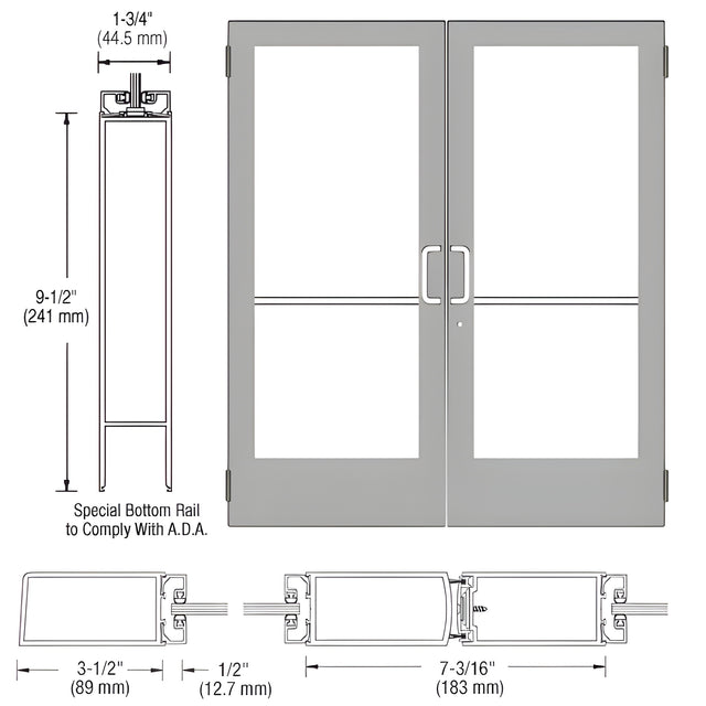CRL-U.S. Aluminum Clear Anodized Custom Pair Series 400 Medium Stile Butt Hinged Entrance Door for Surface Mount Door Closer