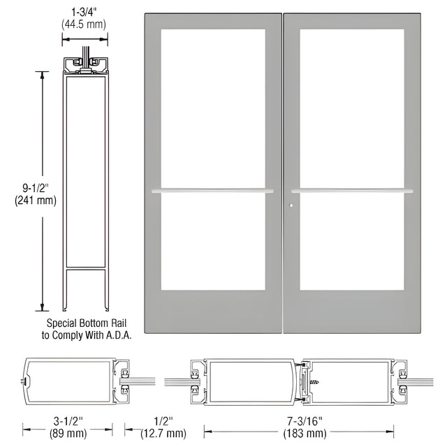 CRL-U.S. Aluminum Clear Anodized Custom Pair Series 400 Medium Stile Center Pivot Entrance Door for Overhead Concealed Door Closers