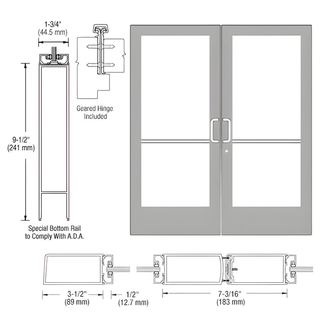 CRL-U.S. Aluminum Clear Anodized Custom Pair Series 400 Medium Stile Geared Hinge Entrance Door for Surface Mount Door Closers