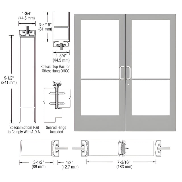 CRL-U.S. Aluminum Clear Anodized Custom Pair Series 400 Medium Stile Geared Hinge Entrance Door for Overhead Concealed Door Closers