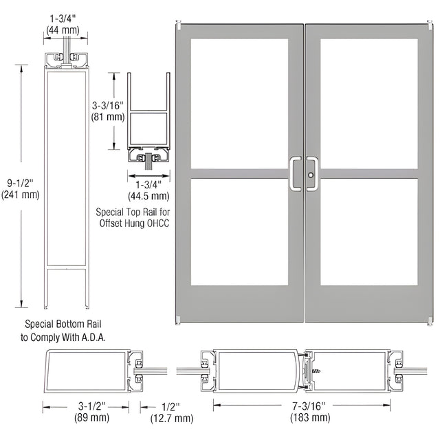 CRL-U.S. Aluminum Clear Anodized Custom Pair Series 400 Medium Stile Offset Pivot Entrance Doors With Panics for Overhead Concealed Door Closers