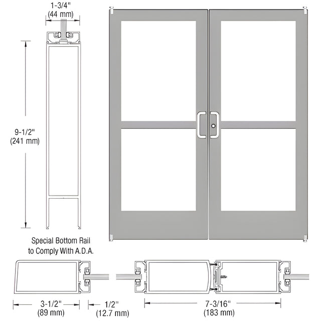 CRL-U.S. Aluminum Clear Anodized Custom Pair Series 400 Medium Stile Offset Pivot Entrance Doors with Panics for Surface Mount Door Closers