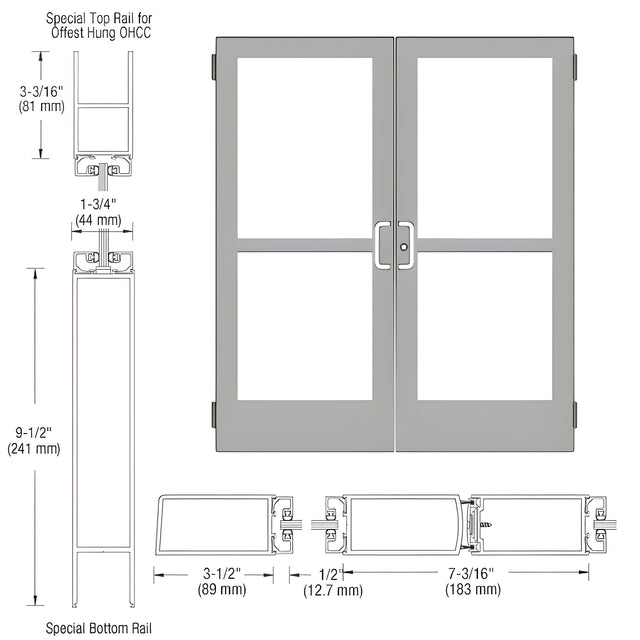 CRL-U.S. Aluminum Clear Anodized Custom Pair Series 400 Medium Stile Butt Hinged Entrance Doors With Panics for Overhead Concealed Door Closers