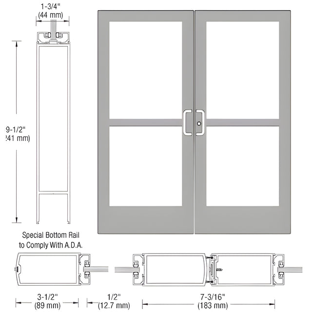 CRL-U.S. Aluminum Clear Anodized Custom Pair Series 400 Medium Stile Center Pivot Entrance Doors With Panics for Overhead Concealed Door Closers