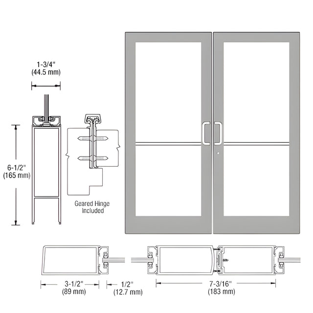 CRL-U.S. Aluminum Clear Anodized Custom Pair Series 400 Medium Stile Geared Hinge Entrance Doors for Surface Mount Door Closers