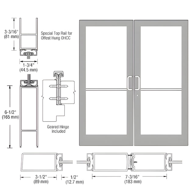 CRL-U.S. Aluminum Clear Anodized Custom Pair Series 400 Medium Stile Geared Hinge Entrance Doors for Overhead Concealed Door Closers