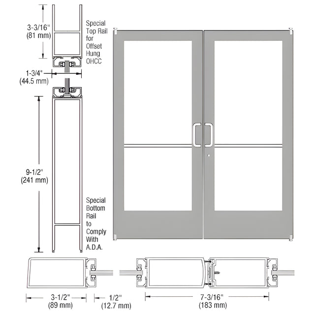 CRL-U.S. Aluminum Clear Anodized Custom Pair Series 400 Medium Stile Offset Pivot Entrance Doors for Overhead Concealed Door Closers